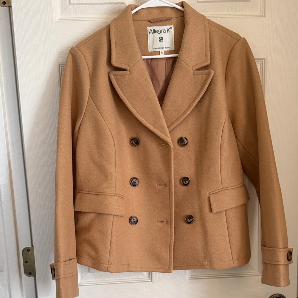 Allegra K Women's Camel Double-Breasted Pea Coat